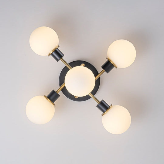 Pendantlightie - 5 - Light Black And Gold Modern Sputnik Globe Glass Semi Flush Mount Light - Semi Flush Mount - Clear Glass - 
