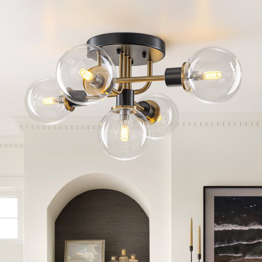Pendantlightie - 5 - Light Black And Gold Modern Sputnik Globe Glass Semi Flush Mount Light - Semi Flush Mount - Clear Glass - 
