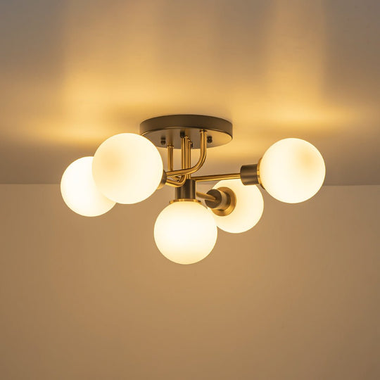 Pendantlightie - 5 - Light Black And Gold Modern Sputnik Globe Glass Semi Flush Mount Light - Semi Flush Mount - Clear Glass - 