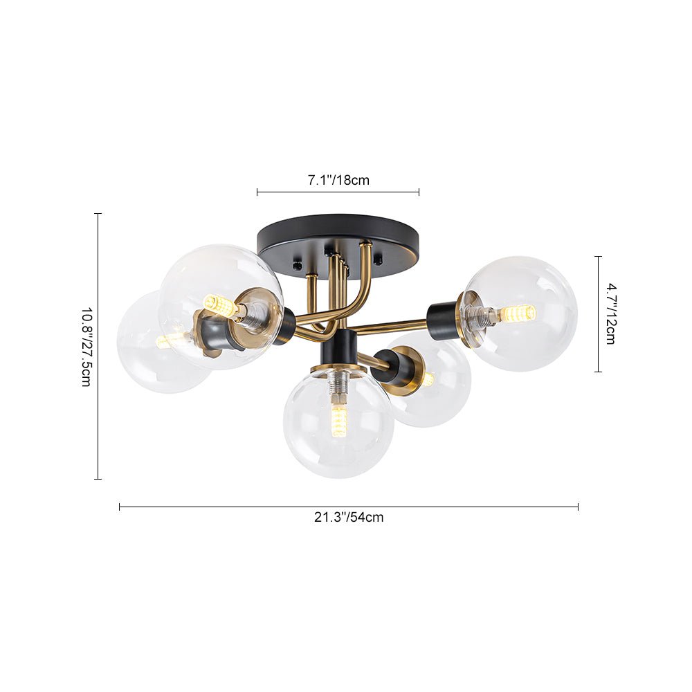 Pendantlightie - 5 - Light Black And Gold Modern Sputnik Globe Glass Semi Flush Mount Light - Semi Flush Mount - Clear Glass - 