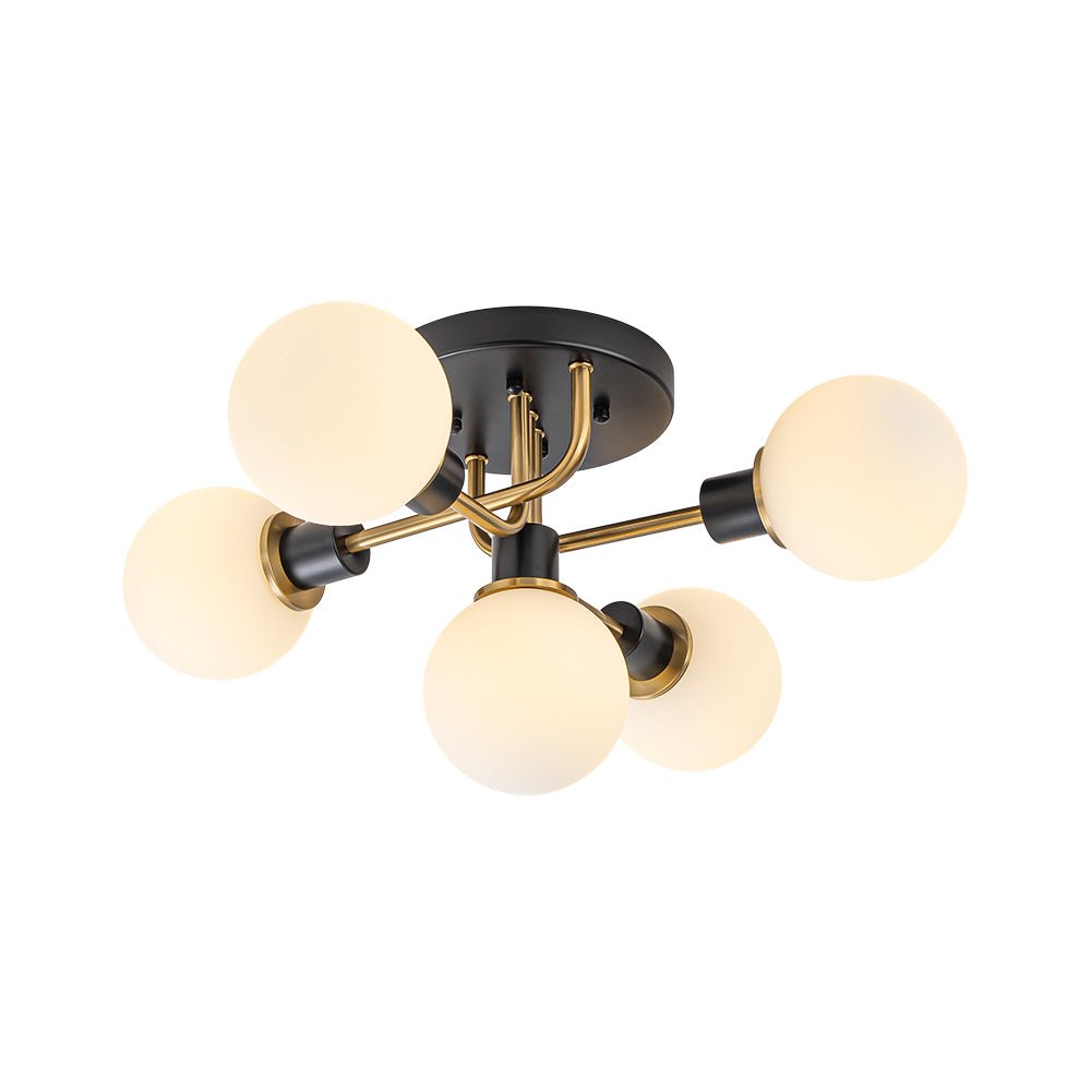 Pendantlightie - 5 - Light Black And Gold Modern Sputnik Globe Glass Semi Flush Mount Light - Semi Flush Mount - Clear Glass - 