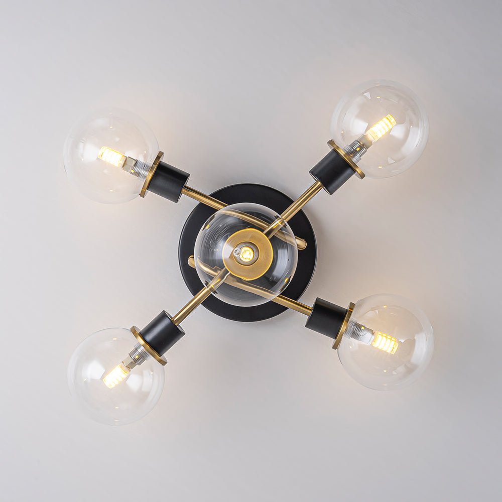 Pendantlightie - 5 - Light Black And Gold Modern Sputnik Globe Glass Semi Flush Mount Light - Semi Flush Mount - Clear Glass - 