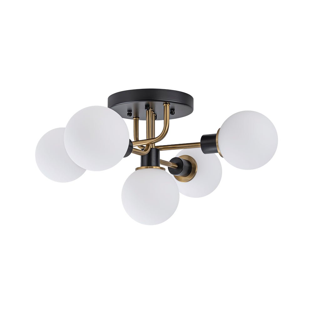 Pendantlightie - 5 - Light Black And Gold Modern Sputnik Globe Glass Semi Flush Mount Light - Semi Flush Mount - Clear Glass - 