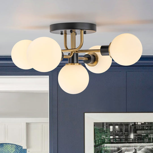 Pendantlightie - 5 - Light Black And Gold Modern Sputnik Globe Glass Semi Flush Mount Light - Semi Flush Mount - Frosted Glass - 