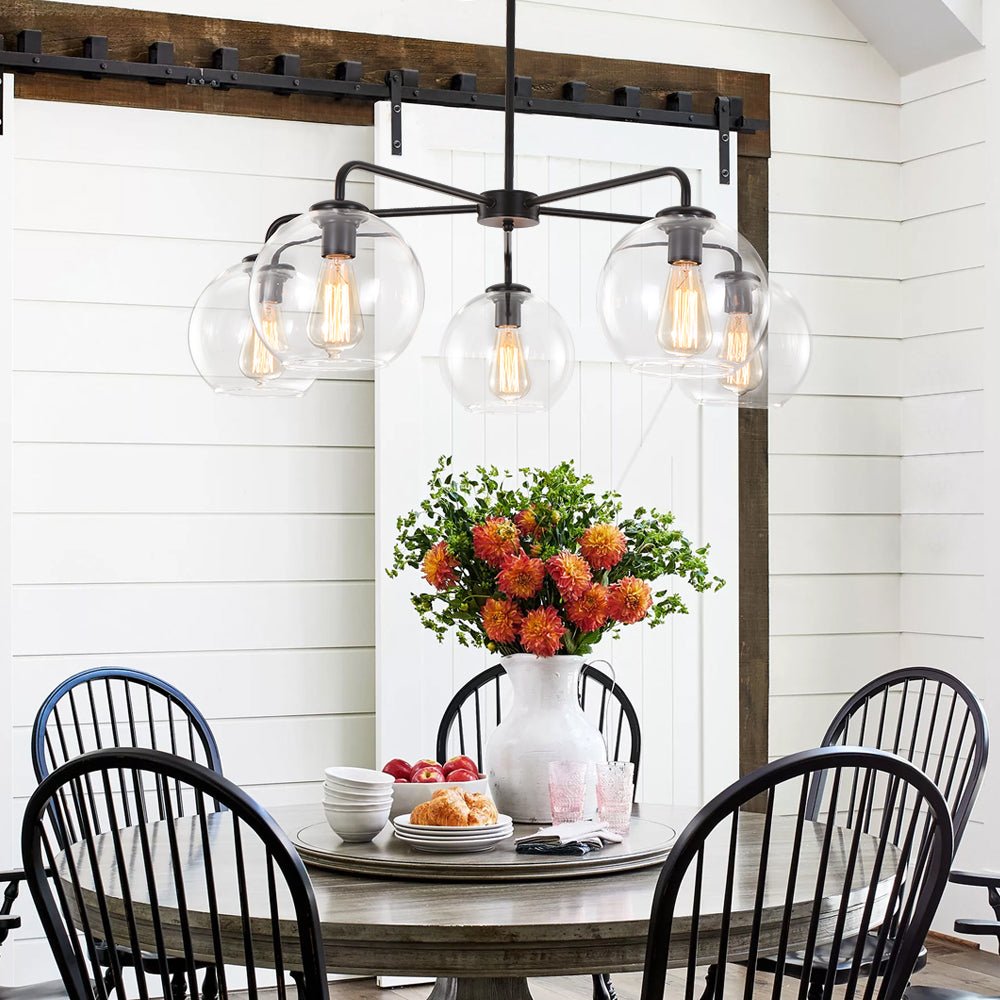 Pendantlightie - 5 - Light Clear Glass Bubble Sputnik Light Fixture - Chandeliers - Black - 