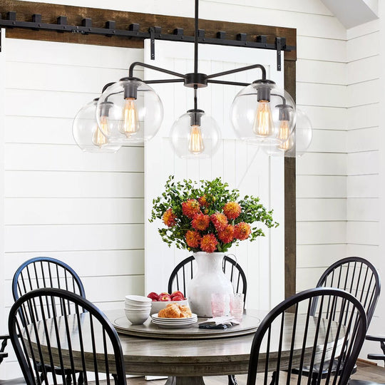 Pendantlightie - 5 - Light Clear Glass Bubble Sputnik Light Fixture - Chandeliers - Black - 