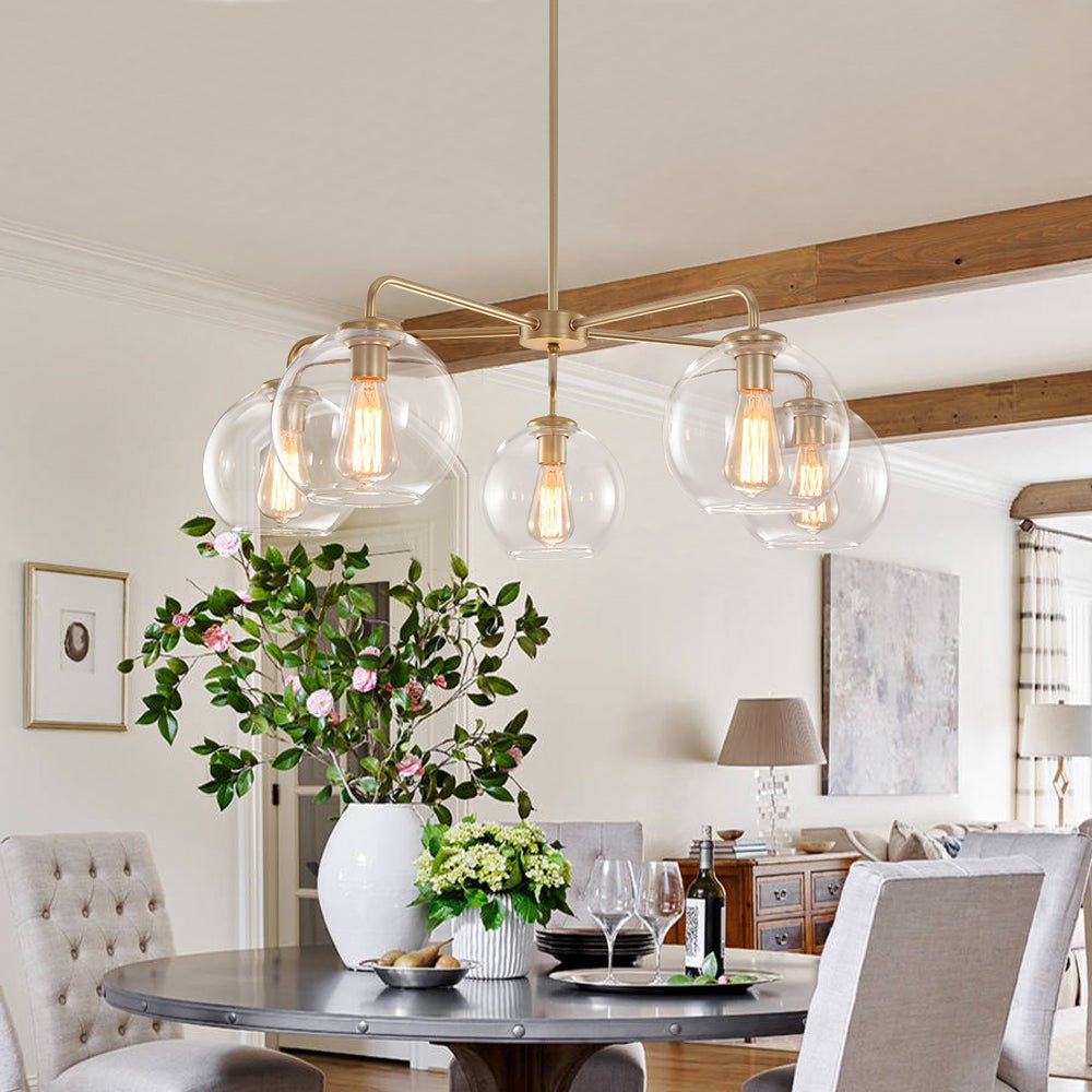 Pendantlightie - 5 - Light Clear Glass Bubble Sputnik Light Fixture - Chandeliers - Brass - 