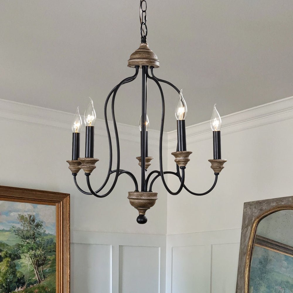Pendantlightie - 5 - Light Wooden French Country Farmhouse Candle Style Chandelier - Chandeliers - Black - 