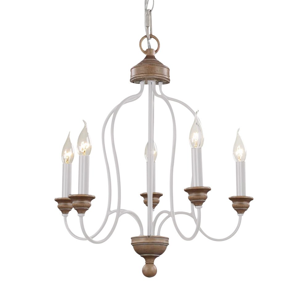 Pendantlightie - 5 - Light Wooden French Country Farmhouse Candle Style Chandelier - Chandeliers - White - 