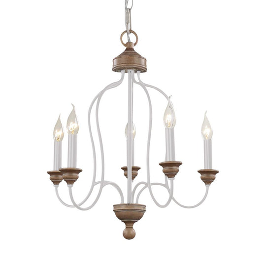 Pendantlightie - 5 - Light Wooden French Country Farmhouse Candle Style Chandelier - Chandeliers - White - 