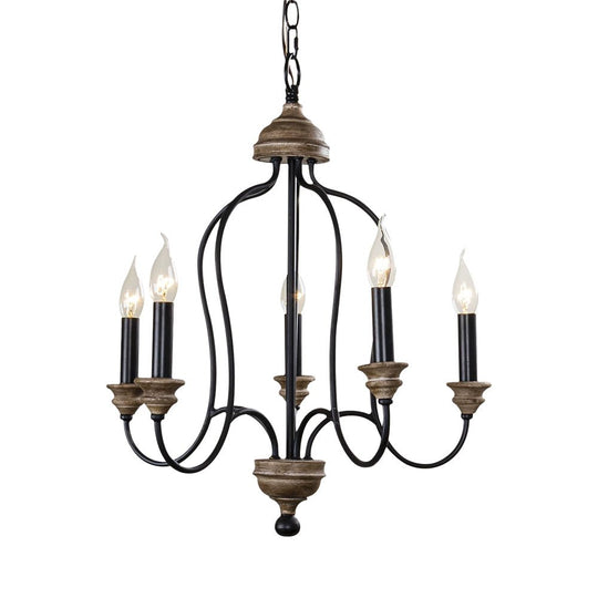 Pendantlightie - 5 - Light Wooden French Country Farmhouse Candle Style Chandelier - Chandeliers - White - 