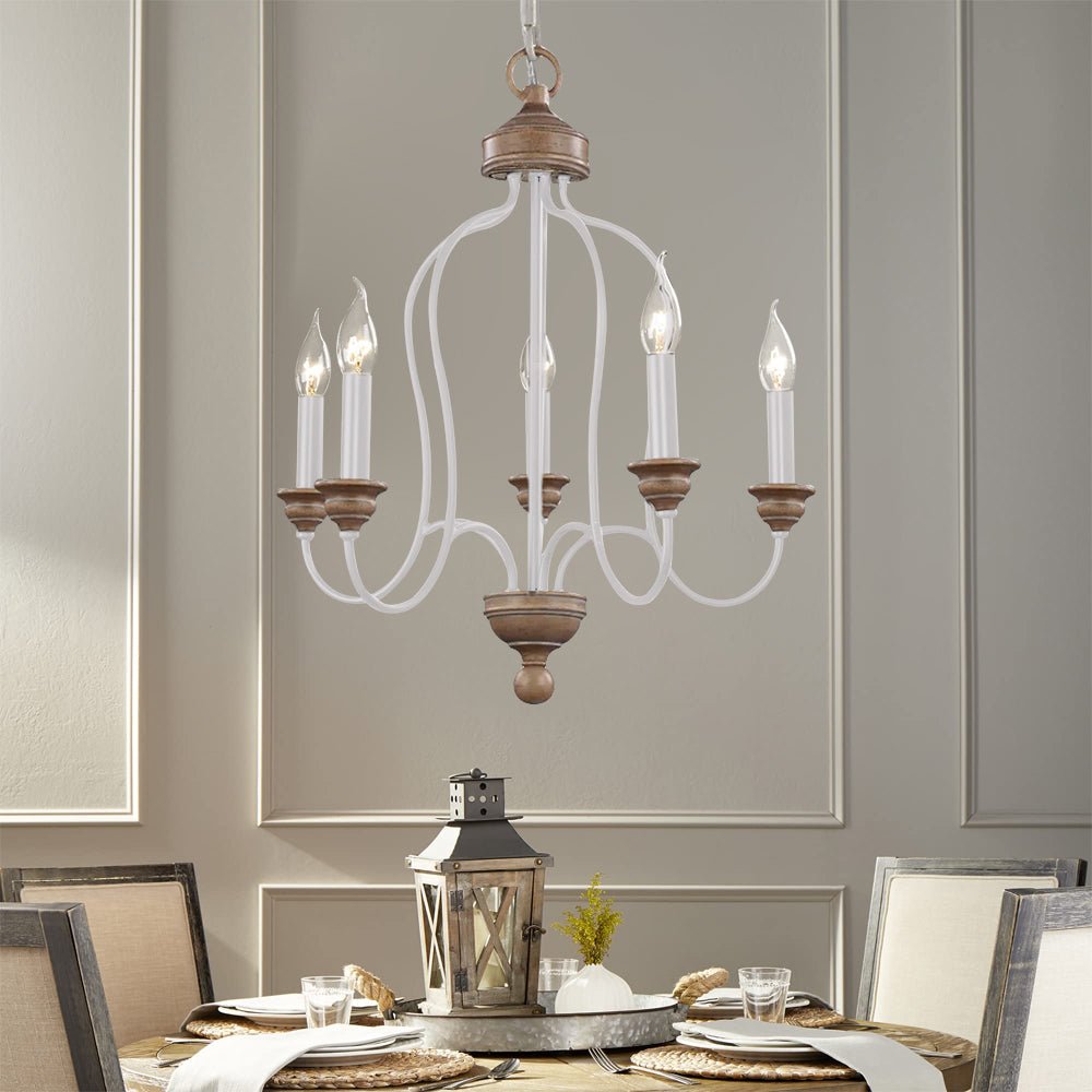 Pendantlightie - 5 - Light Wooden French Country Farmhouse Candle Style Chandelier - Chandeliers - White - 