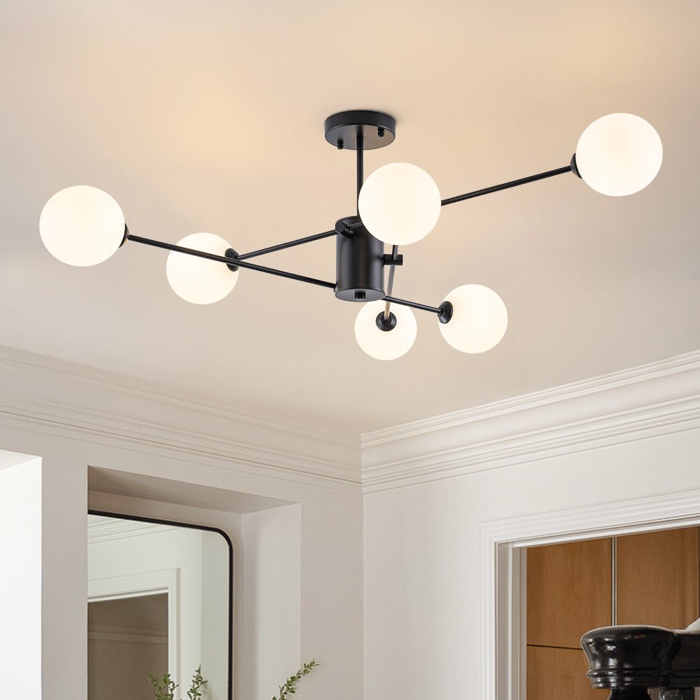 Pendantlightie - 6 - Light Glass Globe Sputnik Semi Flush Mount - Semi Flush Mount - Black - 