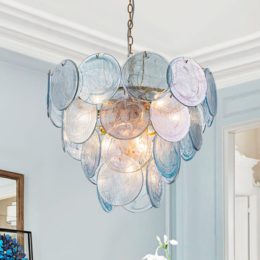 Pendantlightie - Arts And Crafts Vintage 9 - Light Swirled Cloud Glass Tiered Chandelier - Chandeliers - Blue - 