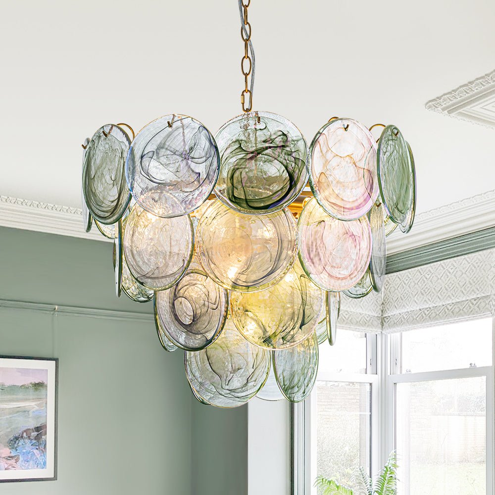 Pendantlightie - Arts And Crafts Vintage 9 - Light Swirled Cloud Glass Tiered Chandelier - Chandeliers - Green - 