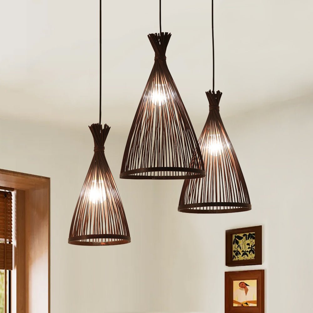 Pendantlightie - Boho 1 - Light Handwoven Bamboo Rattan Farmhouse Cone Pendant - Pendants - Black - Large