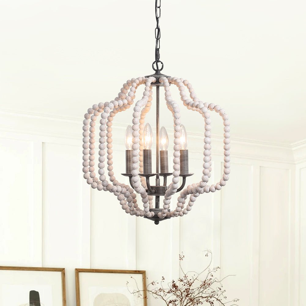 Pendantlightie - Boho 4 - Light Geometric Lantern Wooden Beaded Chandelier - Chandeliers - White Wood Bead - 