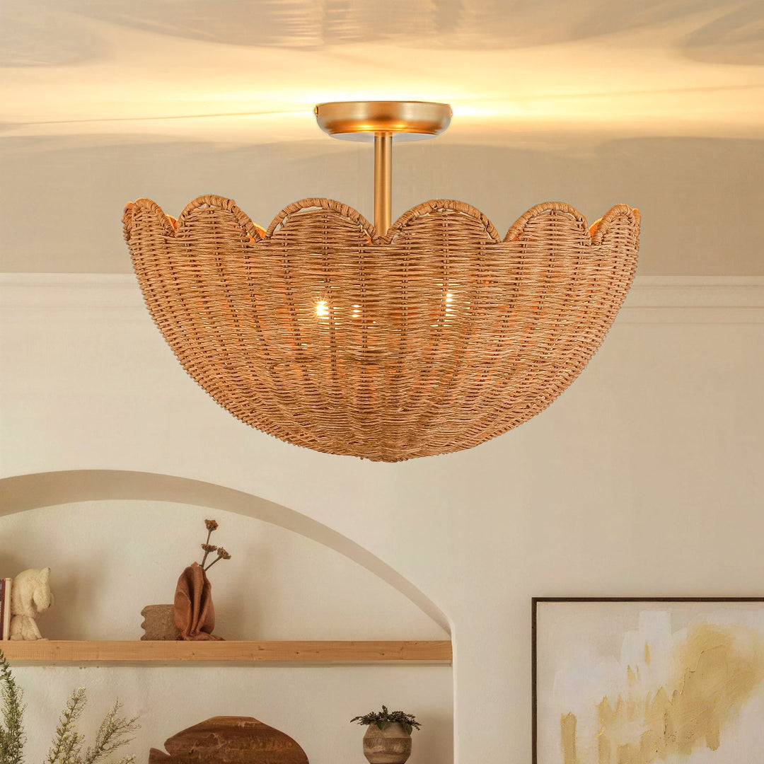 Pendantlightie-Boho Farmhouse 2-Light Scalloped Bowl Handwoven Rattan Semi Flush Mount-Semi Flush Mount-Brown-