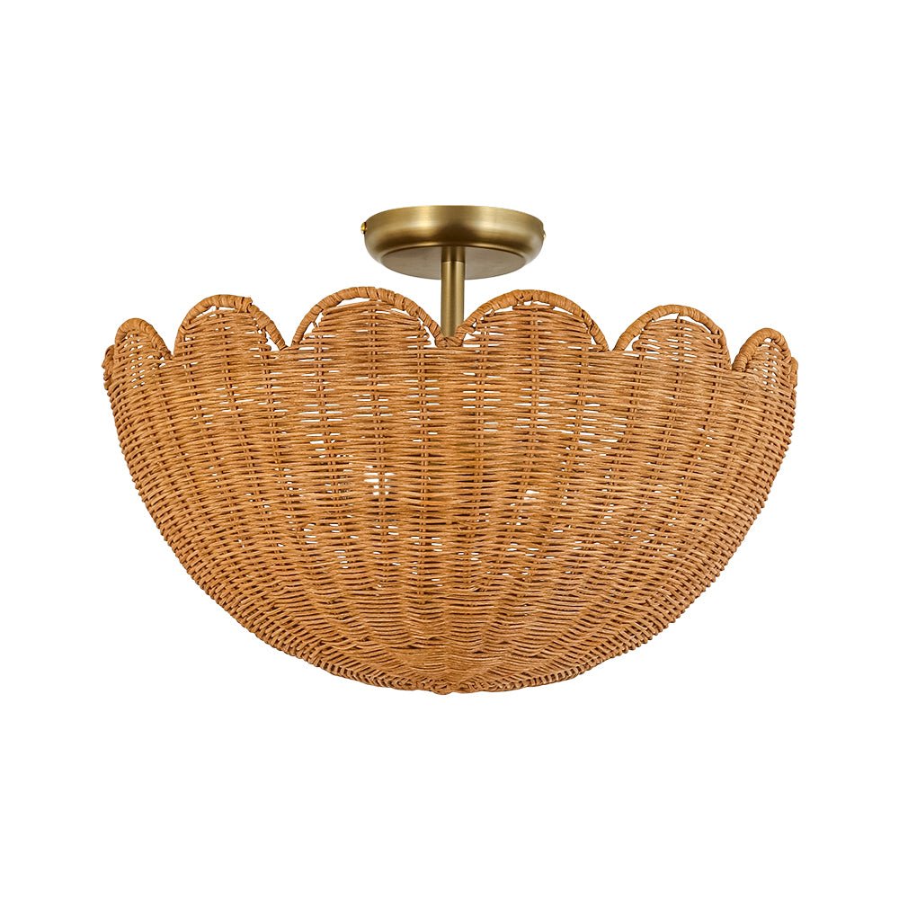 Pendantlightie-Boho Farmhouse 2-Light Scalloped Bowl Handwoven Rattan Semi Flush Mount-Semi Flush Mount-Brown-