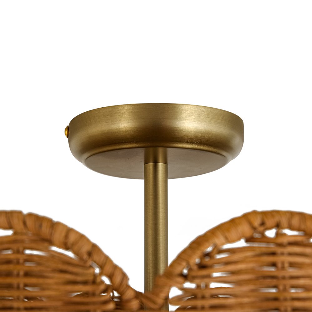 Pendantlightie-Boho Farmhouse 2-Light Scalloped Bowl Handwoven Rattan Semi Flush Mount-Semi Flush Mount-Brown-