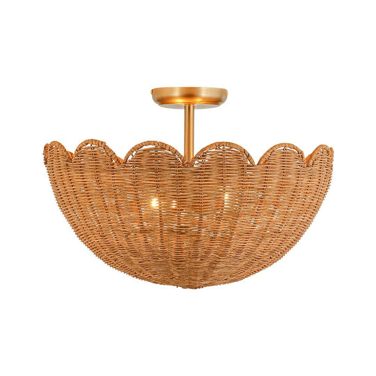 Pendantlightie-Boho Farmhouse 2-Light Scalloped Bowl Handwoven Rattan Semi Flush Mount-Semi Flush Mount-Brown-