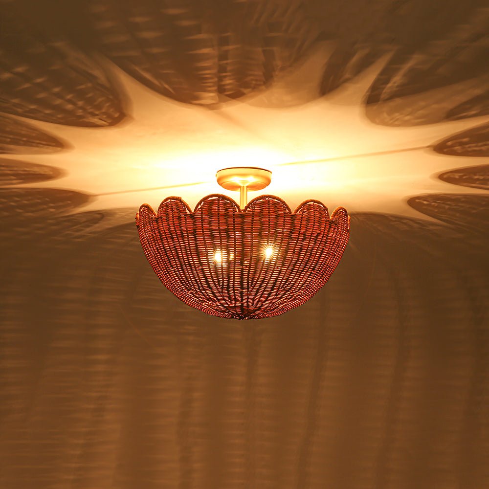 Pendantlightie-Boho Farmhouse 2-Light Scalloped Bowl Handwoven Rattan Semi Flush Mount-Semi Flush Mount-Brown-