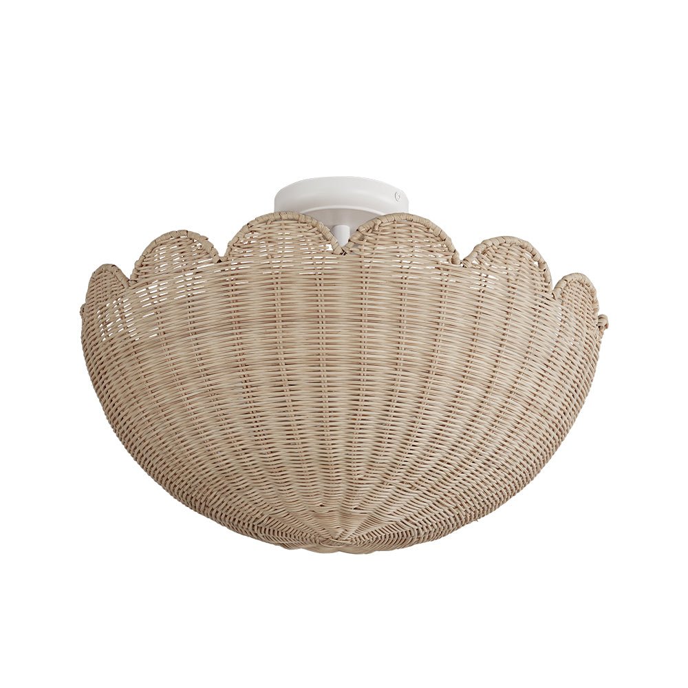 Pendantlightie - Boho Farmhouse 2 - Light Scalloped Bowl Handwoven Rattan Semi Flush Mount - Semi Flush Mount - White - 