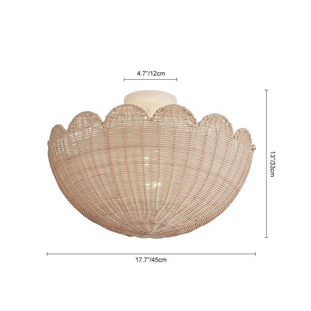 Pendantlightie - Boho Farmhouse 2 - Light Scalloped Bowl Handwoven Rattan Semi Flush Mount - Semi Flush Mount - White - 