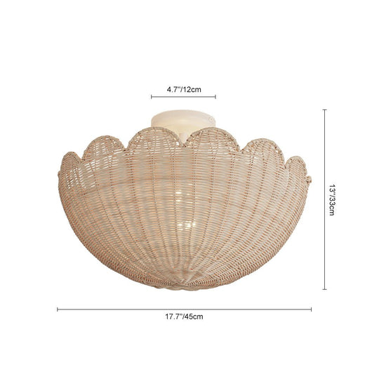 Pendantlightie - Boho Farmhouse 2 - Light Scalloped Bowl Handwoven Rattan Semi Flush Mount - Semi Flush Mount - White - 