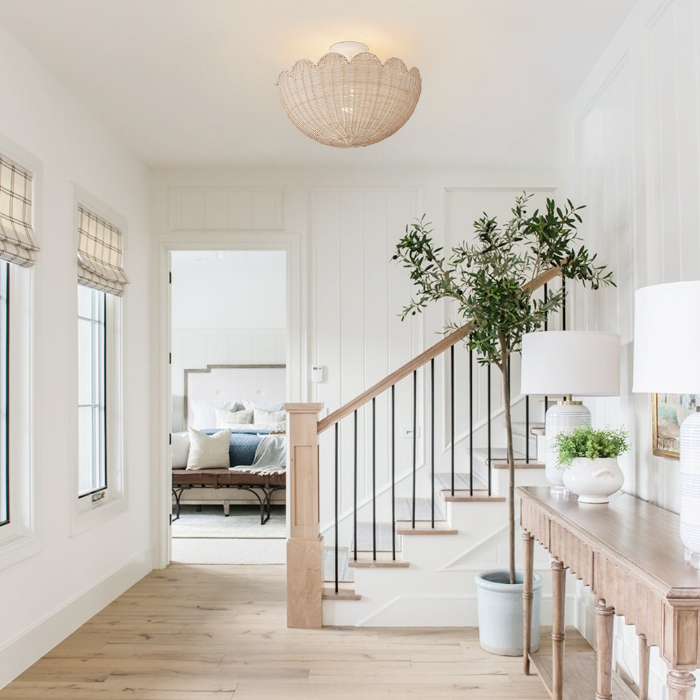 Pendantlightie - Boho Farmhouse 2 - Light Scalloped Bowl Handwoven Rattan Semi Flush Mount - Semi Flush Mount - White - 