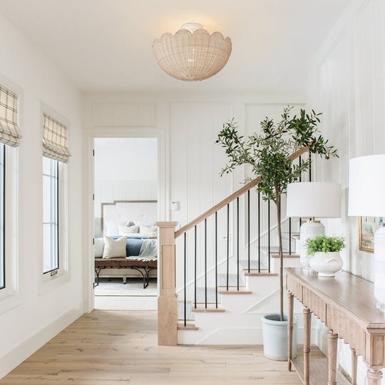 Pendantlightie - Boho Farmhouse 2 - Light Scalloped Bowl Handwoven Rattan Semi Flush Mount - Semi Flush Mount - White - 