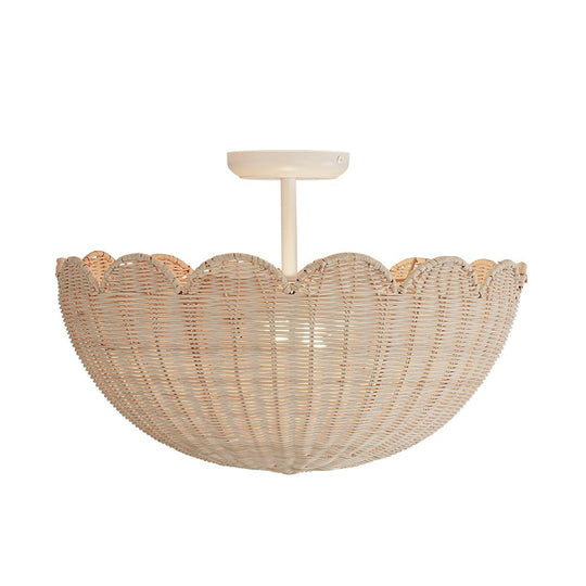 Pendantlightie - Boho Farmhouse 2 - Light Scalloped Bowl Handwoven Rattan Semi Flush Mount - Semi Flush Mount - White - 