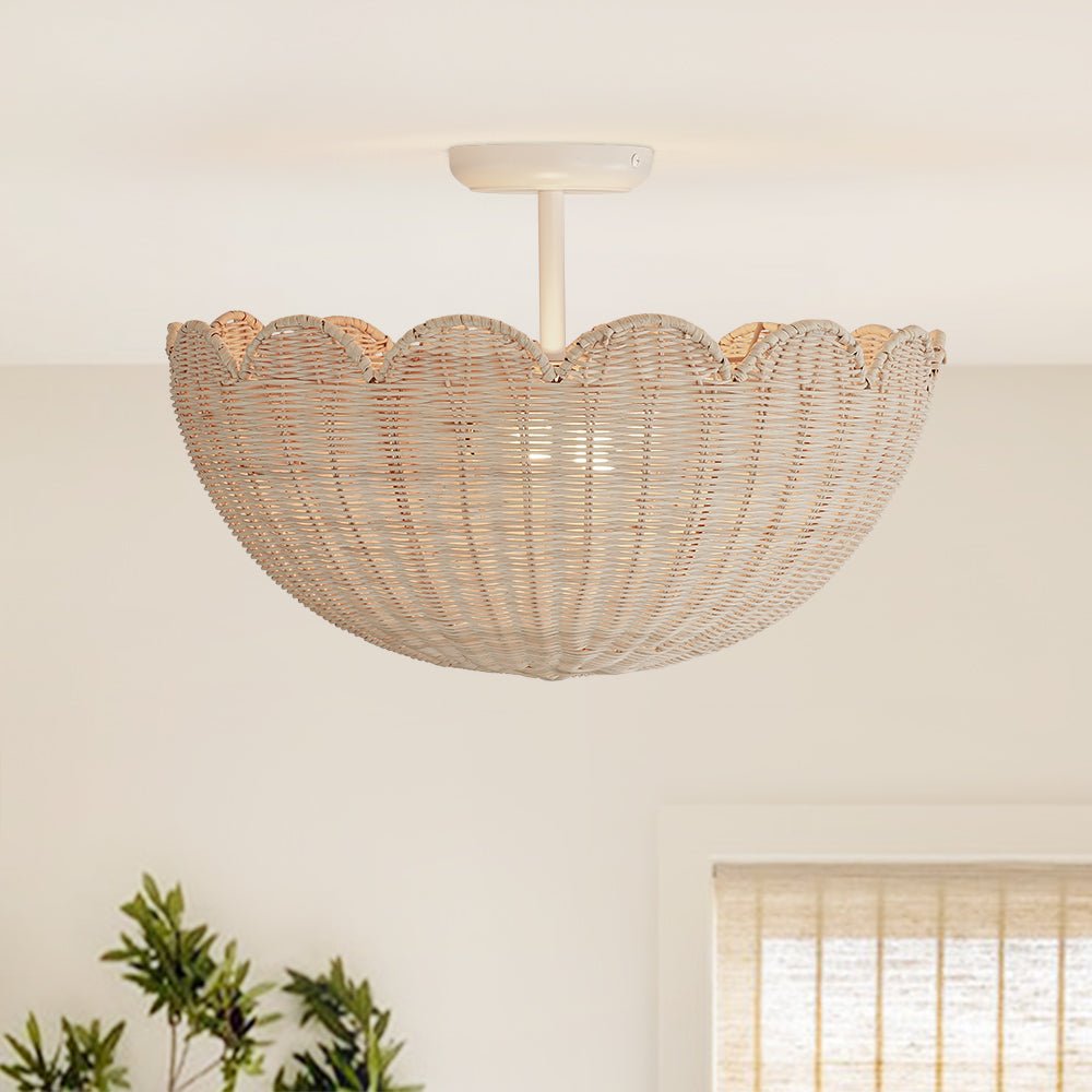 Pendantlightie - Boho Farmhouse 2 - Light Scalloped Bowl Handwoven Rattan Semi Flush Mount - Semi Flush Mount - White - 