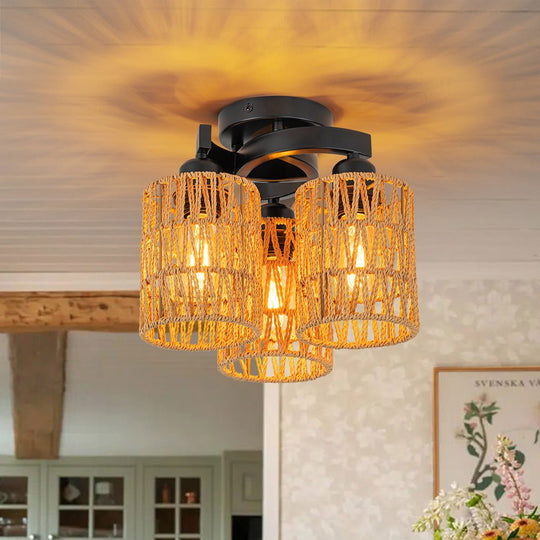 Pendantlightie - Boho Hand Woven Cluster Cage Semi Flush Mount - Semi Flush Mount - 3Lt - 