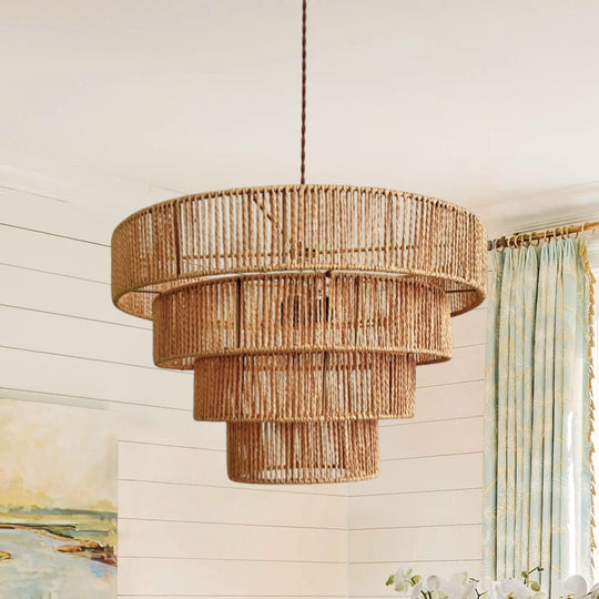 Pendantlightie - Boho Natural 1 - Light Handwoven Tiered Drum Rattan Chandelier - Chandeliers - Dome - 
