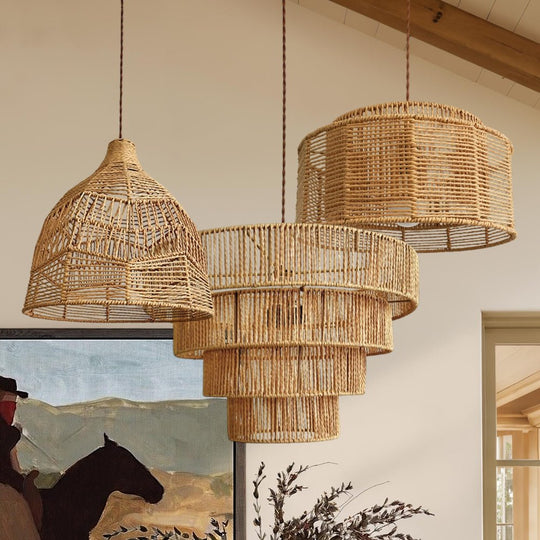 Pendantlightie - Boho Natural 1 - Light Handwoven Tiered Drum Rattan Chandelier - Chandeliers - Dome - 