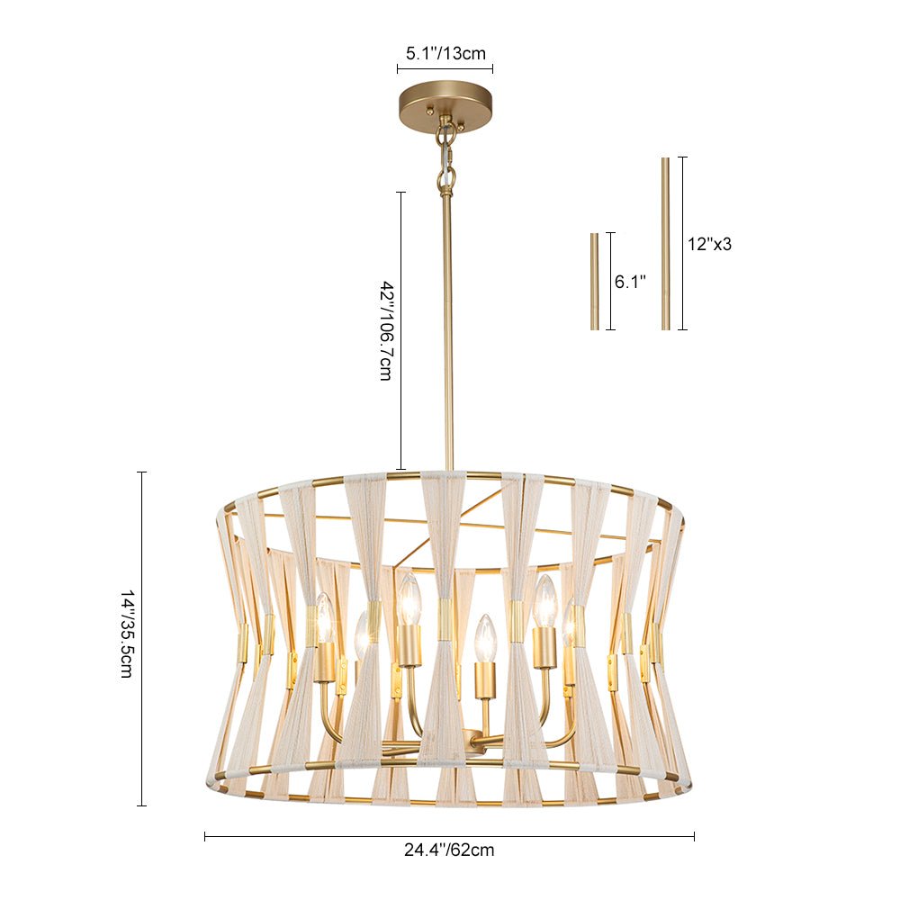 Pendantlightie - Coastal 6 - Light Boho Ivory Hourglass Drum Woven Chandelier - Chandeliers - Black - 