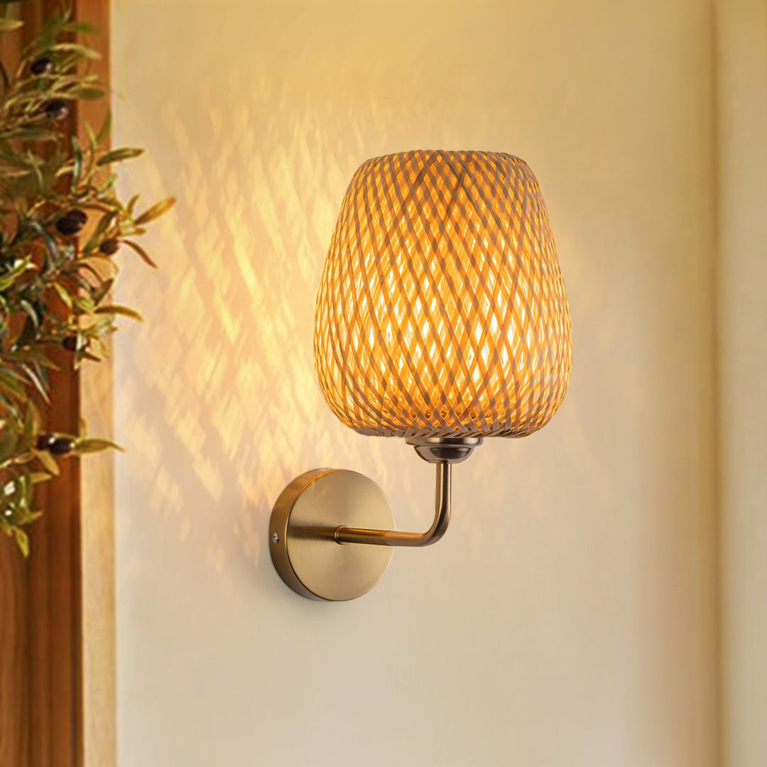 Pendantlightie-Contemporary 1-Light Hand Weaving Rattan Round Basket Wall Sconce-Wall Light-Brass-
