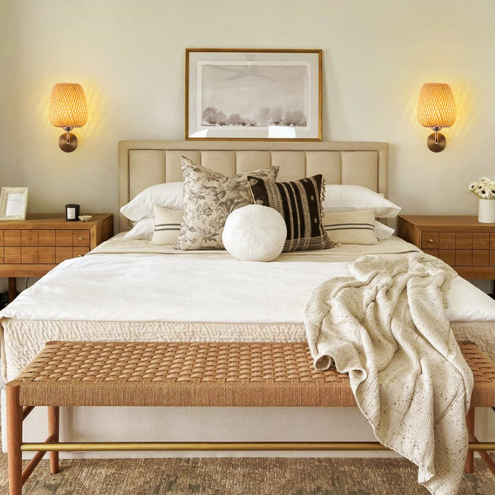 Pendantlightie-Contemporary 1-Light Hand Weaving Rattan Round Basket Wall Sconce-Wall Light-Brass-
