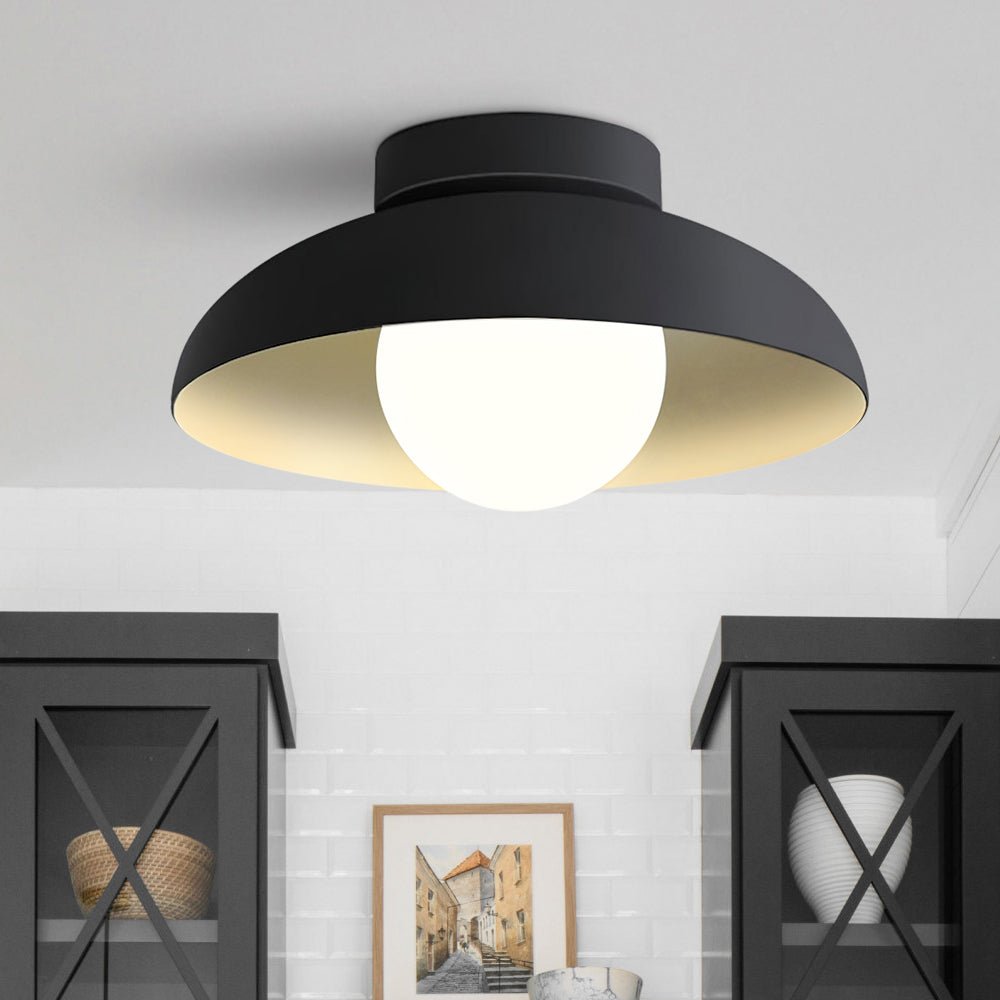 Pendantlightie - Contemporary 1 - Light Metal Dome Semi Ceiling Light With Glass - Semi Flush Mount - Black - 