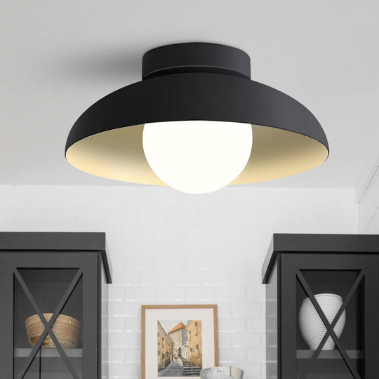 Pendantlightie - Contemporary 1 - Light Metal Dome Semi Ceiling Light With Glass - Semi Flush Mount - Black - 