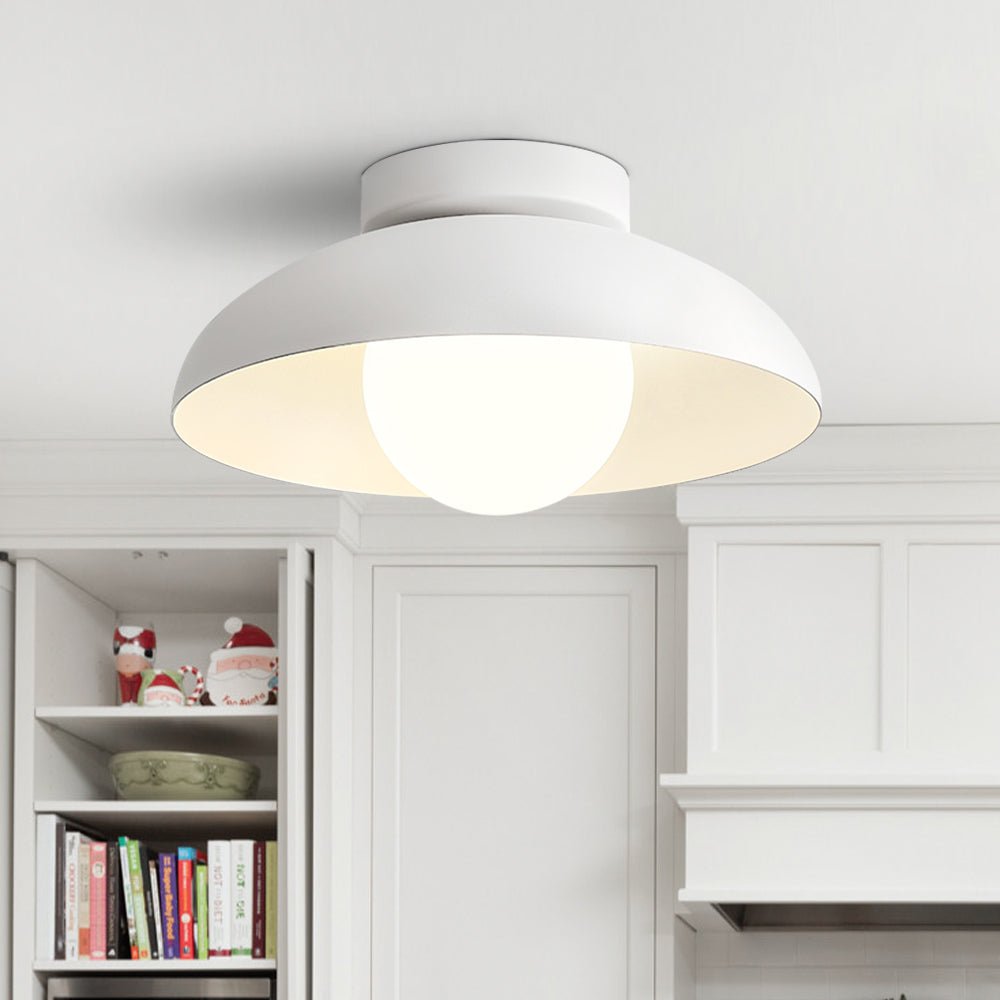 Pendantlightie - Contemporary 1 - Light Metal Dome Semi Ceiling Light With Glass - Semi Flush Mount - White - 