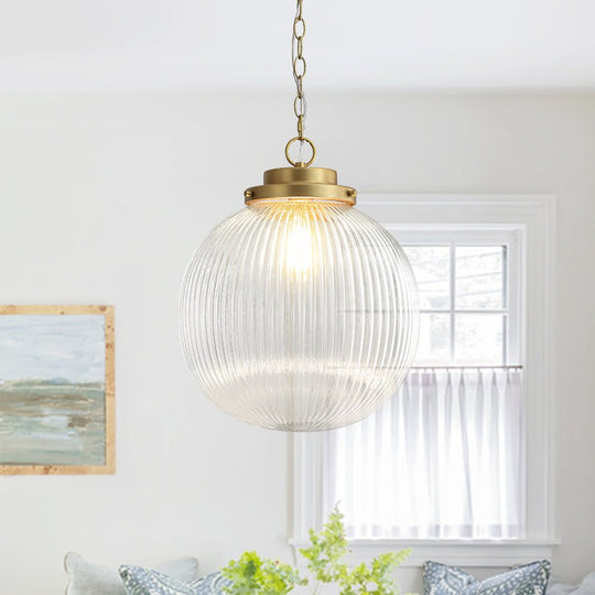 Pendantlightie - Contemporary 1 - Light Ribbed Clear Glass Orb Pendant Light - Pendants - Brass - 