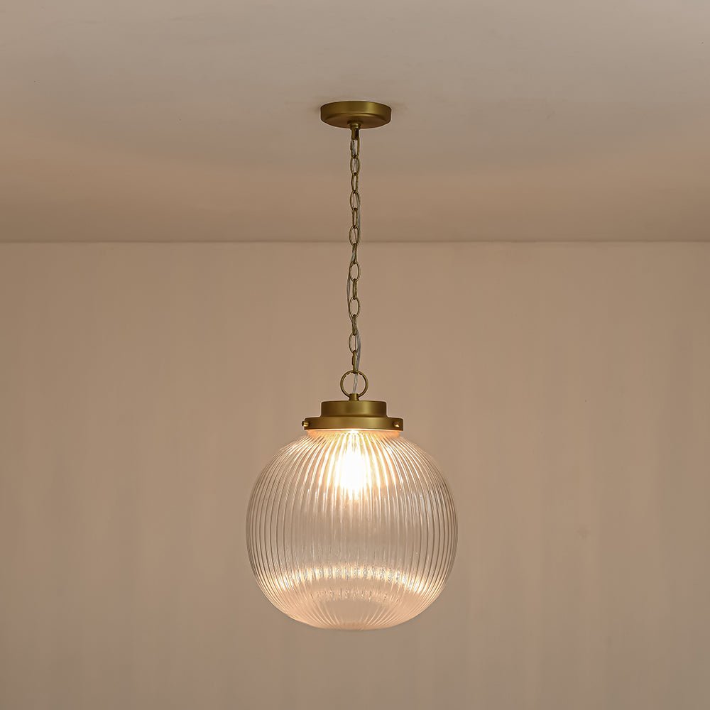 Pendantlightie - Contemporary 1 - Light Ribbed Clear Glass Orb Pendant Light - Pendants - Brass - 