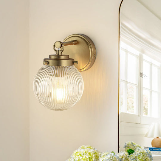 Pendantlightie - Contemporary 1 - Light Ribbed Glass Globe Wall Sconce Beside Mirror Sink - Wall Light - Brass - 