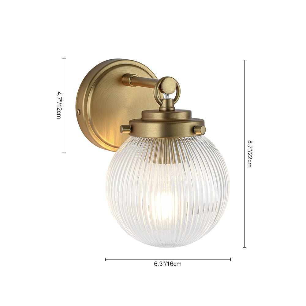 Pendantlightie - Contemporary 1 - Light Ribbed Glass Globe Wall Sconce Beside Mirror Sink - Wall Light - Brass - 