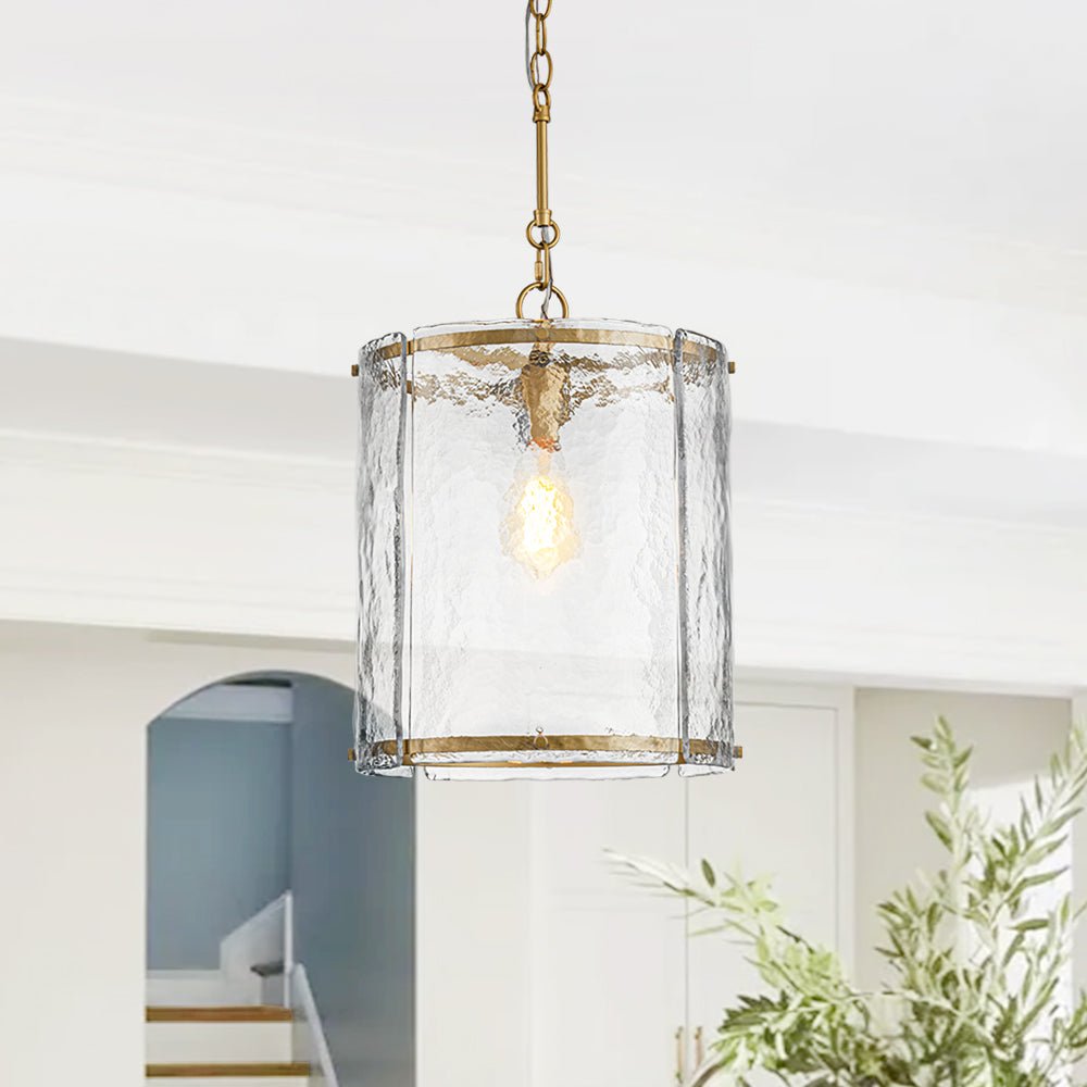 Pendantlightie - Contemporary 1 - Light Textured Water Glass Cylinder Single Pendant - Pendants - Brass - 