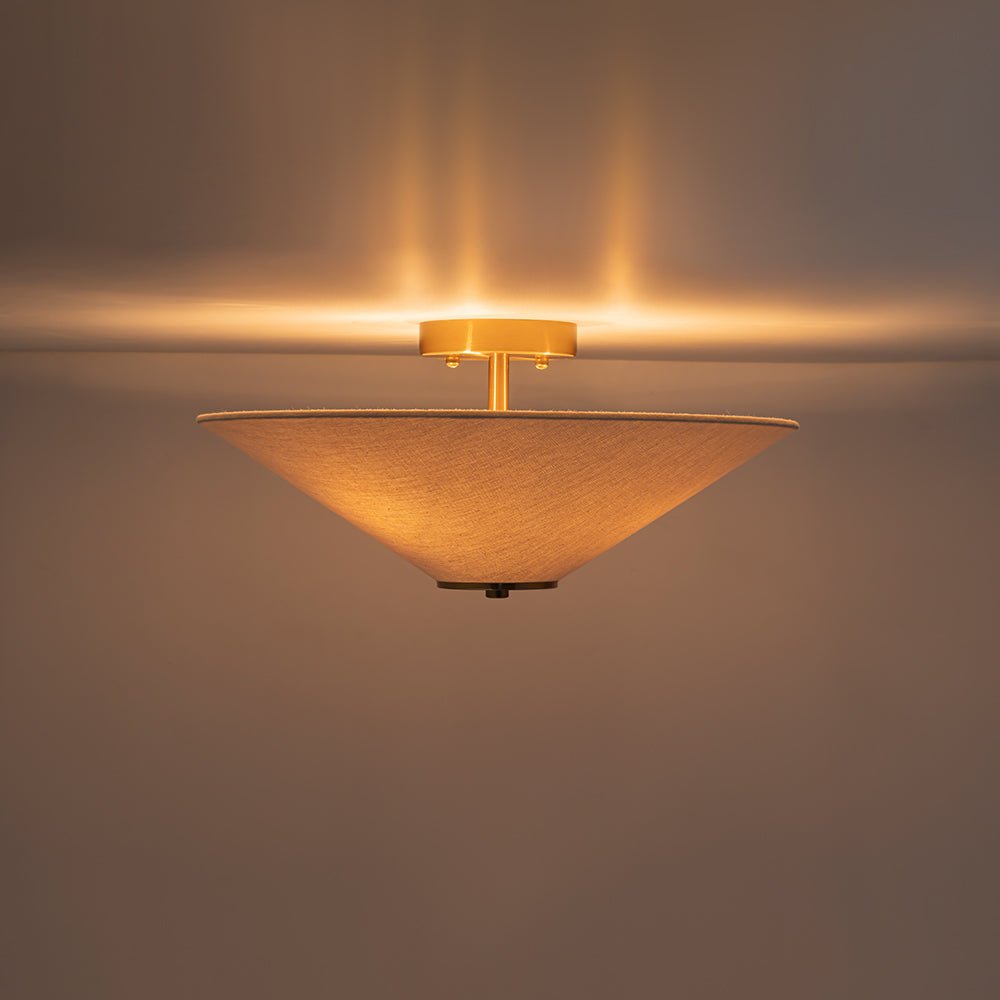 Pendantlightie - Contemporary 3 - Light Linen Fabric Cone Ceiling Light - Semi Flush Mount - Brass - 