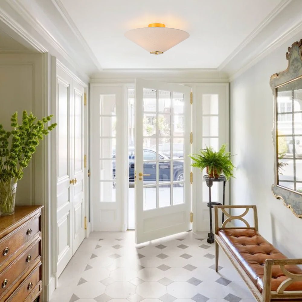 Pendantlightie - Contemporary 3 - Light Linen Fabric Cone Ceiling Light - Semi Flush Mount - Brass - 