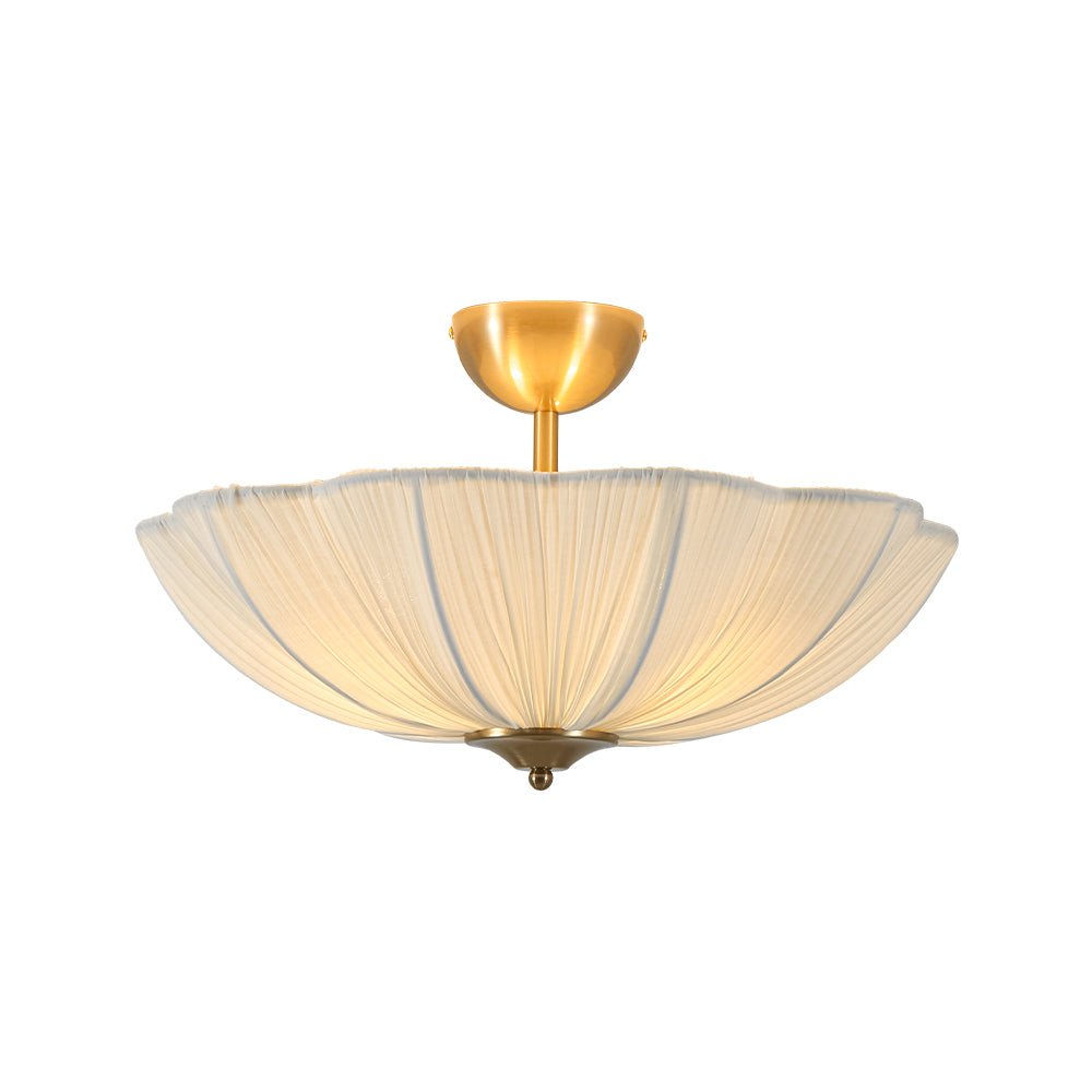 Pendantlightie - Contemporary 3 - Light Scalloped Fabric Shade Pleated Semi Ceiling Light - Semi Flush Mount - Brass - 